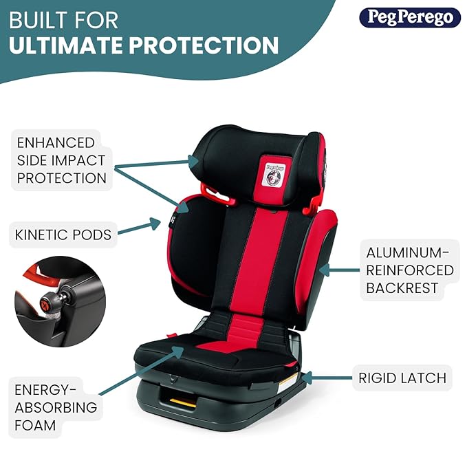 Peg Perego Viaggio Flex 120 Booster, 4D Total Adjust for Safety & Comfort, No Armrests, Compact Fold for Travel, 40-120 lbs, Made in Italy, Monza (Black & Red)