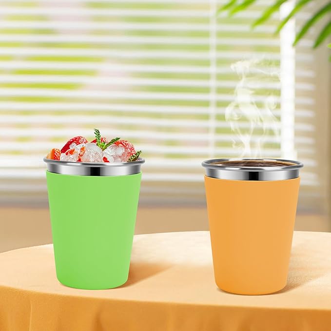 Kids Cups with Straws and Lids Leak Proof, 12oz Sippy Cups for Toddlers 1-3, 2 Pack Spill Proof Cup Stainless Steel Kids Cups with Lids for School, Outdoor (Orange & Green)