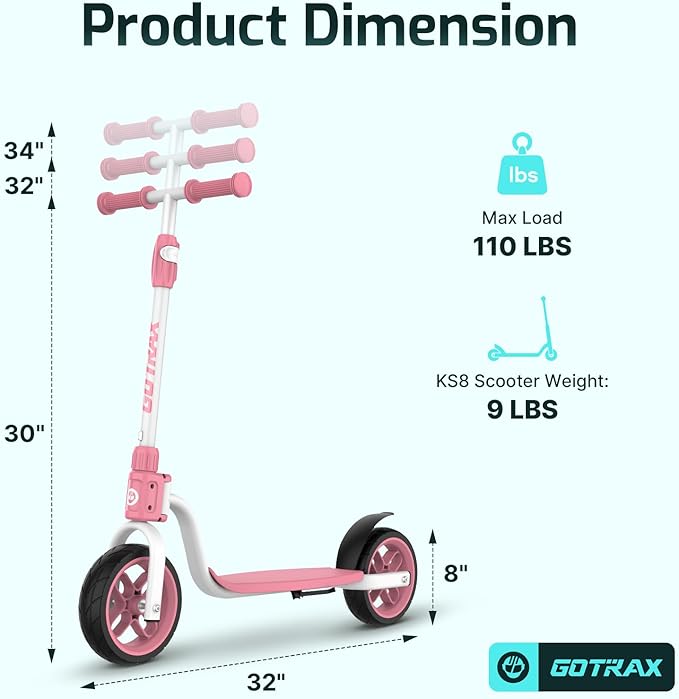 Gotrax KS8 Kick Scooter for Kids 5+, Large 8" Wheels and Height Adjustable Handlebar, Sturdy Wide Deck & Rear Brake, Detachable for Easy Storage, 2 Wheels Scooter for Kids, Teens, Gift for Boy & Girl