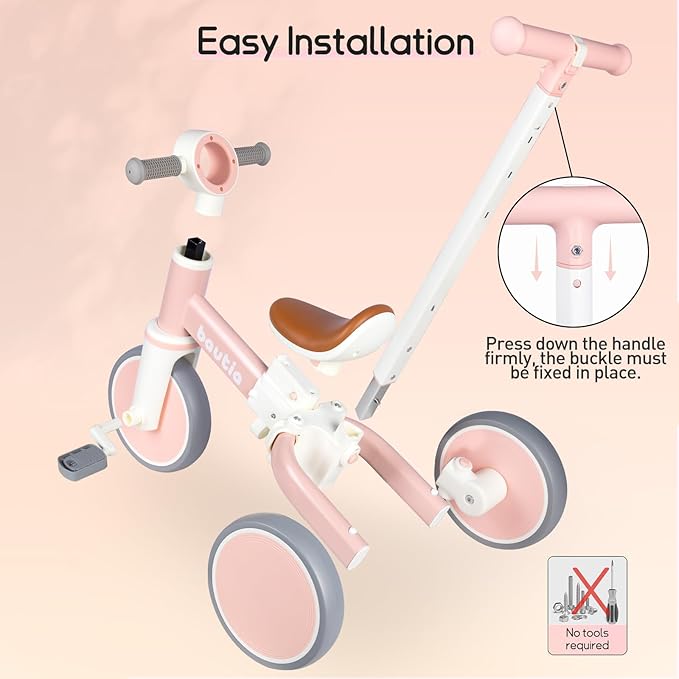Kids Tricycle for Toddlers 1-3 with Push Handle, 5 in 1 Baby Balance Bike Toy for 1-4 Years Old Boys Girls Gift with Removable Pedals (No Parent Steering Version)