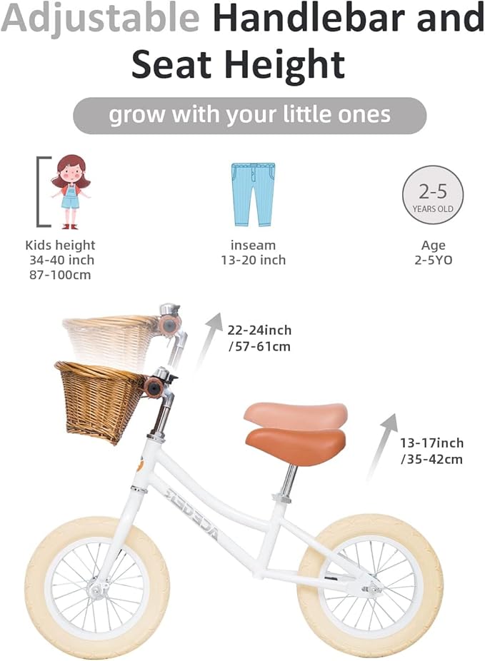 ACEGER 12" Kids Balance Bike with Basket, Toddler Bicycle for Early Learning Leg Strength and Steady Balancing, Durable Frame&Tool-Free Adjustable Seat, Gift Bike for 2-5 Kids, No Brake