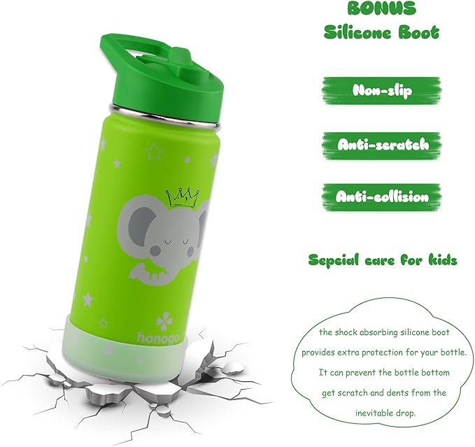 16 oz Stainless Steel Insulated Kids Water Bottle, Leak Proof Metal Thermal Flask with Straw lid, Cute Toddler Tumbler Cup for School Girls & Boys (Green, Elephant)