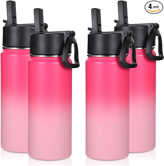Volhoply 16 OZ Kids Water Bottle Bulk 4 Pack,Insulated Sports Bottles with Straw Lid,Stainless Steel Bottle with Handle Keep Cold & Hot,Double Wall Vacuum Cups for School,Girls(Peach, 4)