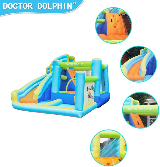 Doctor Dolphin Water Bounce House Inflatable Water Slide Park for Kids Backyard Summer Outdoor Fun with Water Gun Climbing Wall Splash Pool