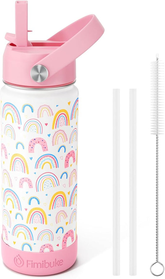 Fimibuke Kids Insulated Water Bottle, 18oz BPA FREE 18/8 Stainless Steel Kids Cup with Straw Travel Tumbler Double Wall Vacuum Leak Proof Toddler Water Bottle for School Boys Girls(1 Pack, Rainbow)