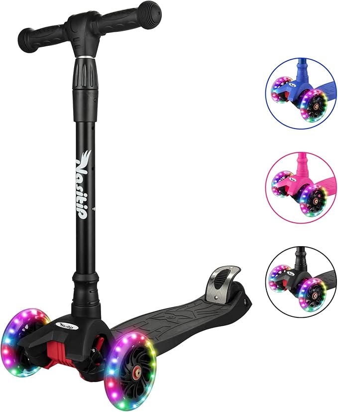 Scooters for Kids Ages 3-5, Kick Scooter for Boys Girls, 4 Adjustable Height, AEBC-9 Bearing, 3 Light Up Wheels, Lean to Steer, Outdoor Activities for Toddlers from 3 to 12 Years Old, Deep-Black