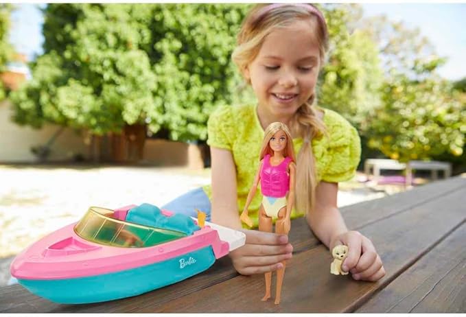 Barbie Doll and Boat Playset with Pet Puppy, Life Vest and Accessories, Fits 3 Dolls & Floats in Water, Gift for 3 to 7 Year Olds