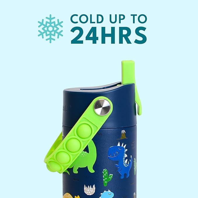 Elemental Insulated Kids Water Bottle, Stainless Steel Water Bottle with Straw Lid & Pop-It Handle, Leak-Proof Water Bottles for School, Boys or Girls, Travelling and Sports, 18oz - Dinosaur