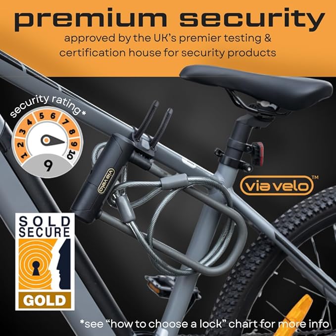 Via Velo Bike U Lock with Cable | Pro U Lock 20 CrMnTi Steel 15mm Shackle with Bracket Inside Size:9.6 x 3.5 in Sold Secure Gold Approval for Road Mountain Electric, Folding Bikes Scooter