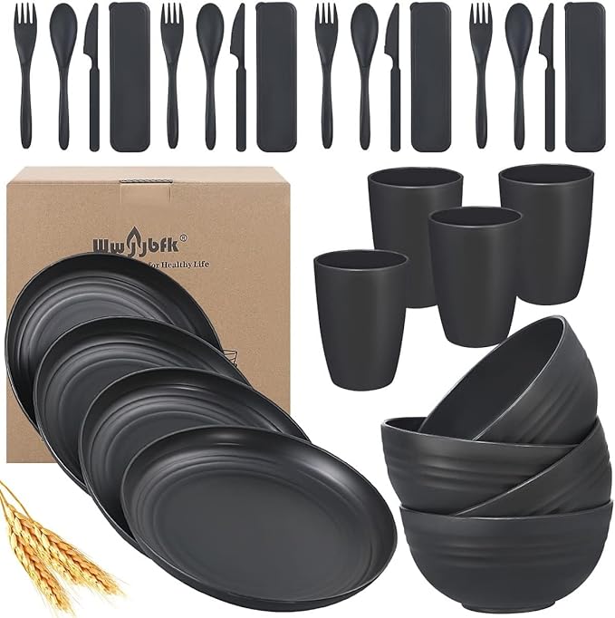 Wheat Straw Dinnerware Sets, Wheat Straw Plates and Bowls Sets for 4 Kitchen Dishes 28pcs College Dorm Room Essentials Cutlery Set Microwave Safe (Black)