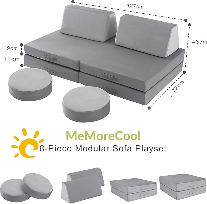 MeMoreCool Kids Modular Play Couch – Compact Foam Explorer Sofa for Toddlers, Grey | Fold-Out Fort Building Blocks, Washable Covers, Ideal for Small Spaces & Playrooms