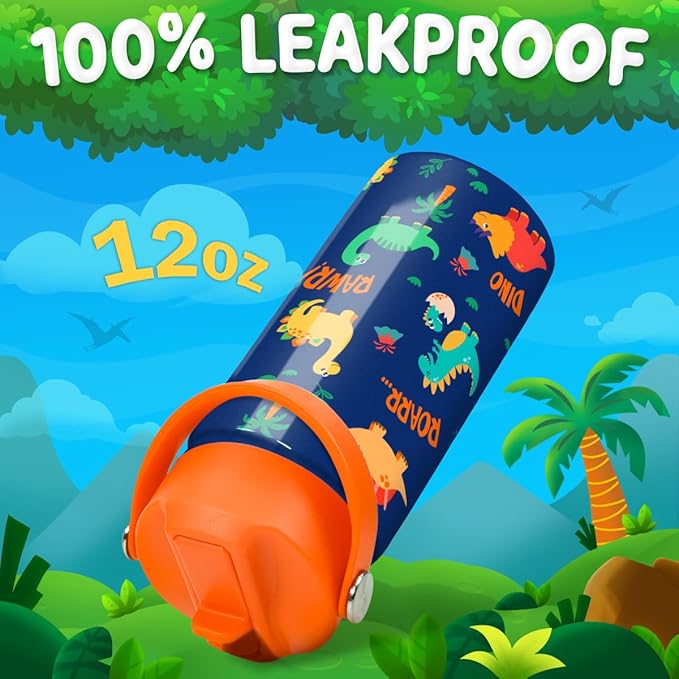 Dinosaur Water Bottle for Boys - Kids Water Bottle with Straw Lid - 12 Oz Insulated Stainless Steel Water Bottles for Kid - Travel Cup for School Sports