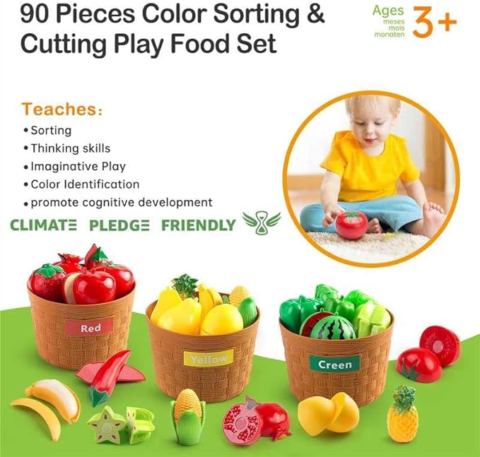 90Pcs Kitchen Playset Accessories, Pretend Cooking with Pots, Pans, Cookware, Food, Fruit, Veges, Color Sorting Baskets, Prop Money, Learning Gift for Girls Boys Toddlers (Pink)