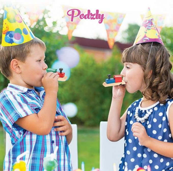 Podzly 12 Pack of Wooden Train Whistles - Fun Noise Maker Wood Toys for Kids, Montessori Toy and Party Favor for Thomas Themed Birthday Parties (1 Dozen Whistles)
