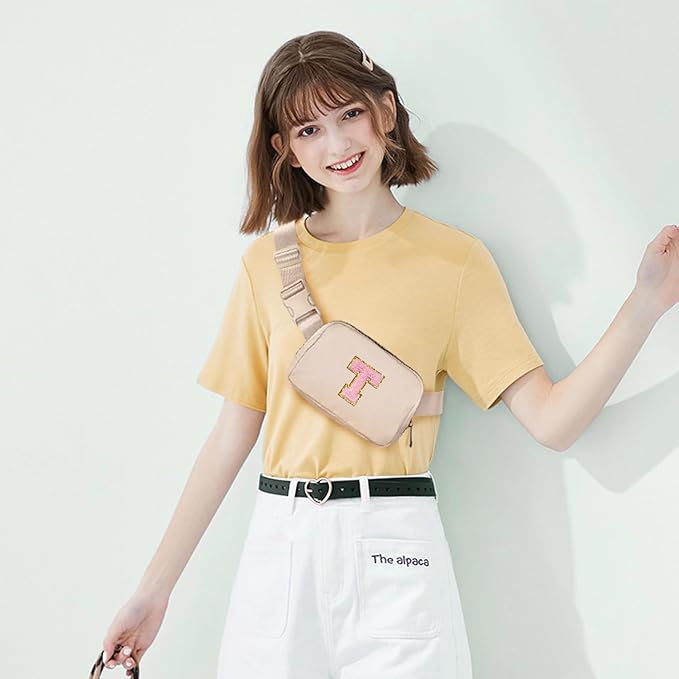 Gitus Belt Bag Fanny Pack Crossbody Bags with Initial Letter Patch Cute Stuff Birthday Gifts for Teenager Girls Trendy Preppy Stuff for Teen Girls(Beige-T)