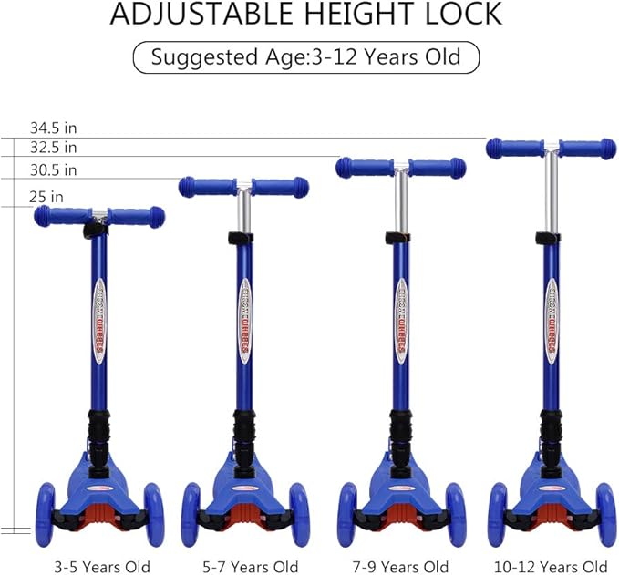 ChromeWheels Foldable Scooters for Kids, Deluxe Kick Scooter 4 Adjustable Height 132lbs Weight Limit 3 Wheel, Lean to Steer LED Light Up Wheels, Best Gifts for Girls Boys Age 3-12 Year Old