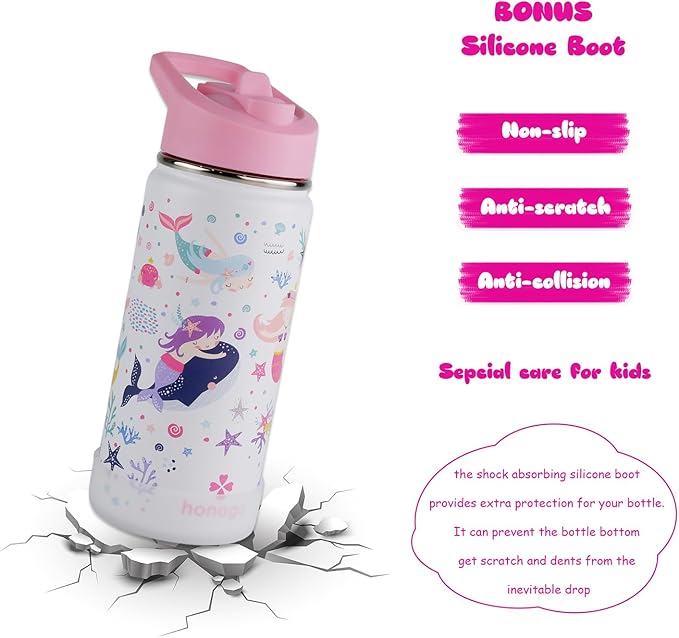 16 oz Stainless Steel Insulated Kids Water Bottle, Leak Proof Metal Thermal Flask with Straw lid, Cute Toddler Tumbler Cup for School Girls & Boys (White, Mermaid)