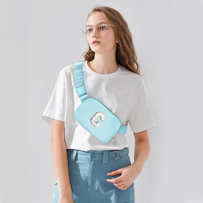 Gitus Birthday Gifts for 8 9 10 11 12 13 Year Old Girls Personalized Fanny Pack Crossbody Bags with Initial Letter Patch Belt Bag for Teen Girls Cute Trendy Stuff Travel Essentials (Icingblue-C)