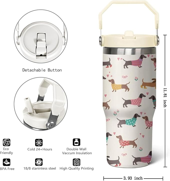 30 oz Dachshund Tumbler with Lid and Straw, Dachshund Coffee Mug, Dog Gifts