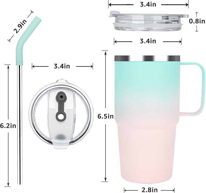 Sursip Kids Tumbler with Handle and Straw, 24 oz Stainless Steel Insulated Cpus for Boys Girls Leak-proof Lid Keep Cold Heat and Ice, Gifts for Kids Cups(Green/Pink-1 Pack)