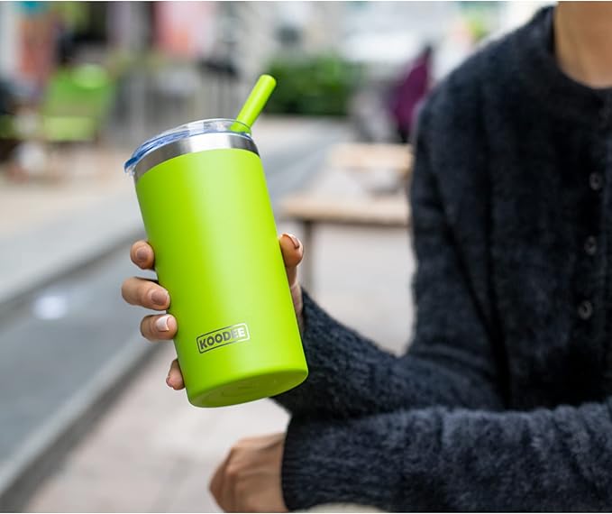 koodee Kids Tumbler with Straw-12 oz Skinny Tumbler Stainless Steel Double Wall Vacuum Insulated Cup with Spill Proof Lid, Sweat-Free(Apple Green)