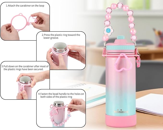 Mininoo Kids Water Bottle for School - 16 oz Stainless Steel Insulated Water Bottle with Ceramic-Lined, Leakproof Straw Lid & Beaded Handle for Girls & Boys
