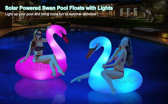 Inflatable Swan Pool Floats with Colorful Lights, FlyfreeU Solar Powered LED Color Changing Swan Swim Tube Rings, 42 Inch Large Pool Beach Floaties Lake Beach Floaty Summer Pool Raft Lounge for Adults