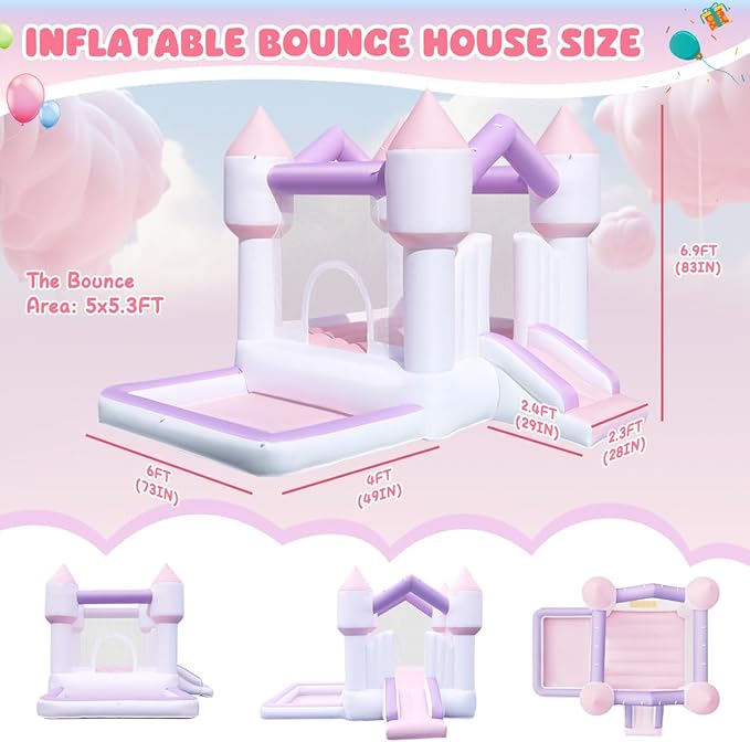 Inflatable Bounce House for Kids, White Bounce House with Slide, Jumping Bouncy Castle for Kids Birthday Party, Wedding, Backyard Indoor/Outdoor Purple (with Blower)