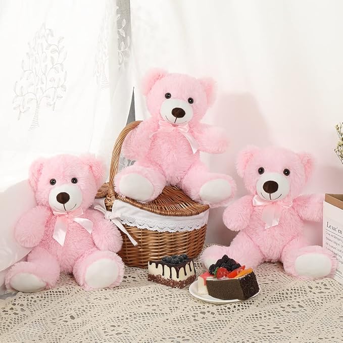 MorisMos 3Pcs Teddy Bears Bulk Baby Shower, 14inch Cute Teddy Bear Stuffed Animals Plush, Small Stuffed Bears on Centerpiece Baby Shower, Pink