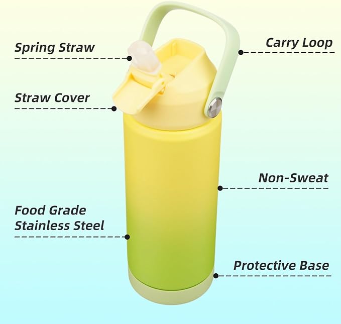 Insulated Water Bottle with Straw Lid,18 oz Stainless Steel Vacuum Metal Bottle with Silicone Handle,Lime