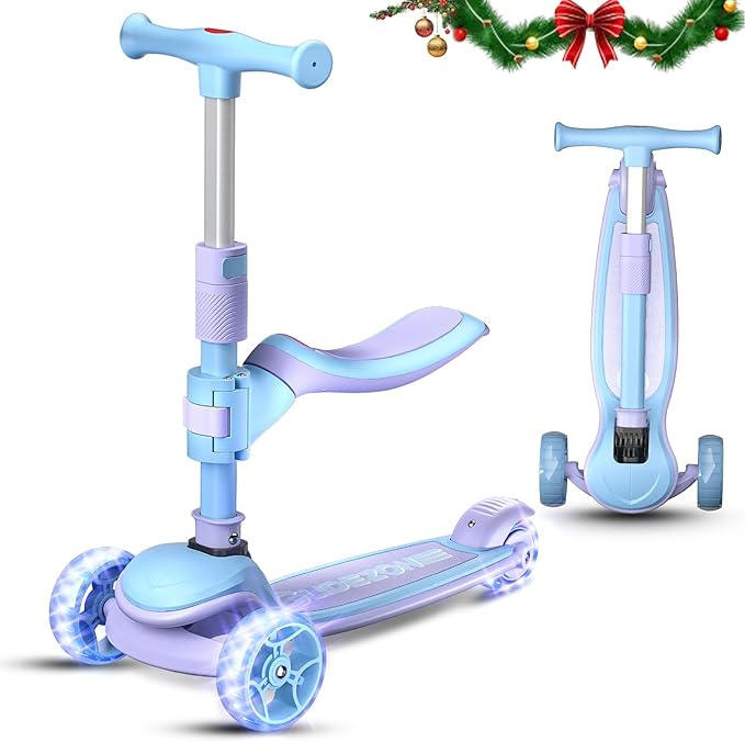 YING LU 2-in-1 Kids Scooter, 3-Wheel LED Light Up Scooters for Kids 3-8, Adjustable Height Handlebar & Removable Seat, Lean-to-Steer Toddler Scooter with Rear Foot Brake (Purple)