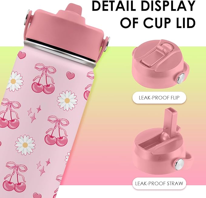 Cherry Gifts for Kids - 16oz Pink Kids Water Bottle with Straw Lid, Stainless Steel Insulated Tumbler, Leakproof, BPA-Free, for Girls, School, Travel - Cherry Lovers Children Birthday Gift Cup (1pc)