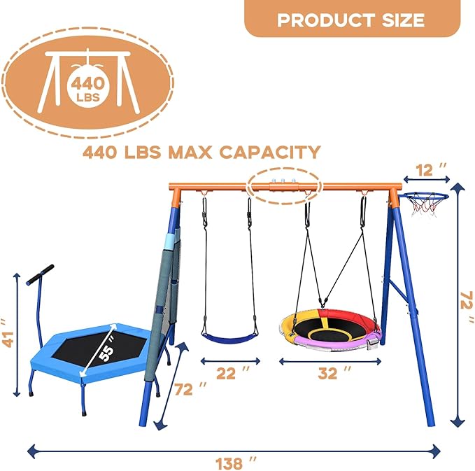 5-in-1 Kids Swing Sets for Backyard with Trampoline, 880lbs Heavy-Duty A-Frame Stand Metal Outdoor with 32 inch Saucer & Belt Swing, 55 inch Trampoline, Basketball Hoop, Led Light & Anchors