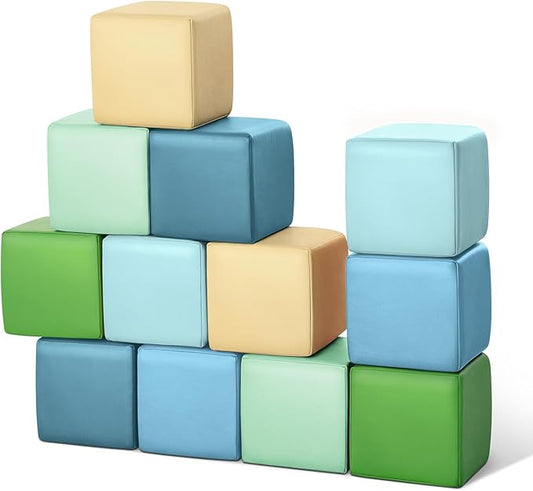 Foam Building Blocks for Toddlers：12-Pieces Wipeable Leather Stacking Cubes Kids - Large Soft Toys Play Set for Learning Construction Baby Preschool Daycare Therapy Birthday Gift (Yellow Green)