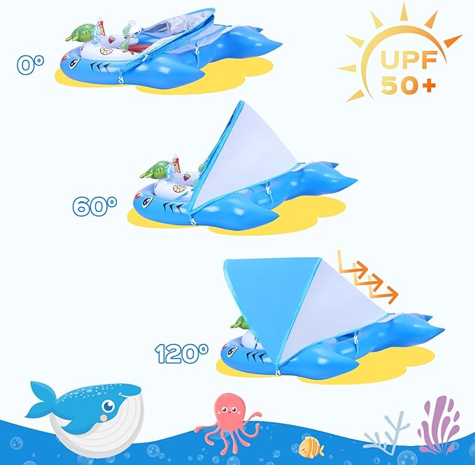 Baby Pool Float with UPF50+ Sun Protection Canopy, Inflatable Toddler Swimming Float with Ocean Animal Toys, Infant Pool Floaties with Adjustable Safety Seat for Kids 6-36 Months