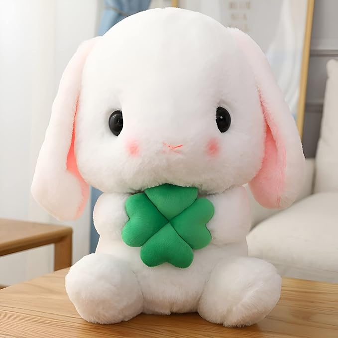 HOUPU Soft Toy - Sitting Lop Eared Rabbit, Easter White Rabbit Stuffed Bunny Animal with Carrot Soft Lovely Realistic Long-Eared Standing Pink Plush Toys (White-Four Leaf,12.5in/32cm)