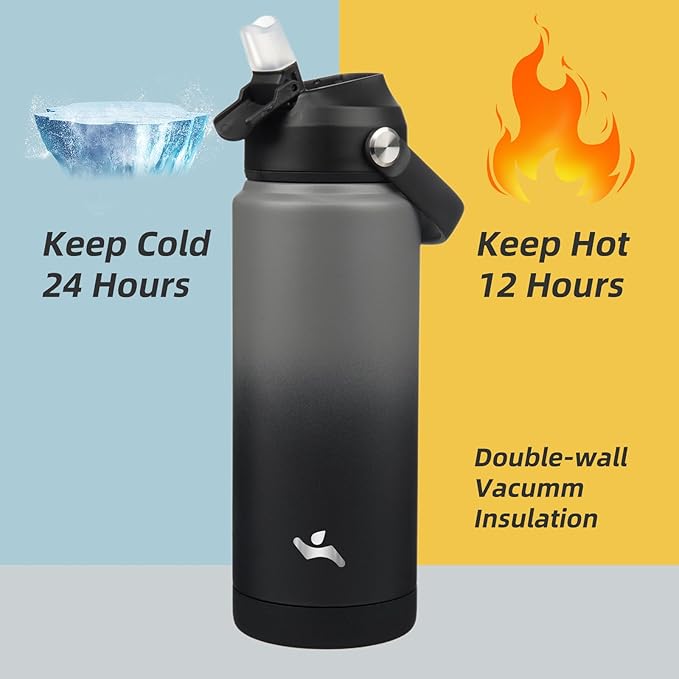 Insulated Water Bottle with Straw Lid,24 oz Stainless Steel Vacuum Metal Bottle with Silicone Handle,Gray Black