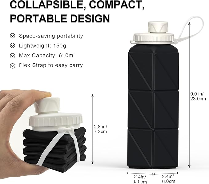 Collapsible Water Bottles 20.6oz, Silicone Foldable Portable Travel Water Bottle, Lightweight Reusable Leakproof for Traveling Camping Hiking Cycling Yoga Sports Outdoor, 1 Pack (Black)