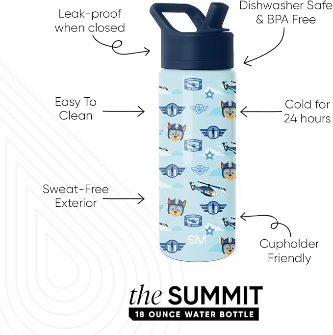Simple Modern Kids Summit Water Bottle with Straw Lid | Paw Patrol 18oz Stainless Steel Cup Insulated Tumbler for Boys, Girls, School | Helicopter Chase