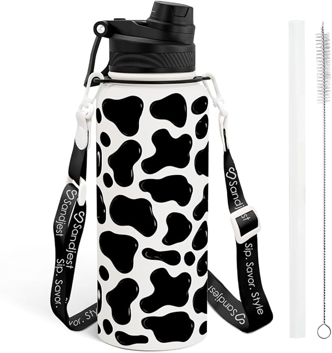 SANDJEST Cow Skin Stainless Steel Water Bottle with Strap 32oz, Insulated Bottles with Straw and Spout Lid for Gym Sports Travel Outdoor, Gifts for Women Girls Birthday Christmas
