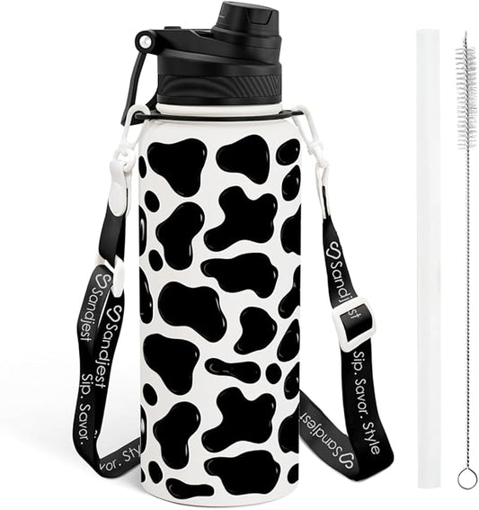 SANDJEST Cow Skin Stainless Steel Water Bottle with Strap 32oz, Insulated Bottles with Straw and Spout Lid for Gym Sports Travel Outdoor, Gifts for Women Girls Birthday Christmas