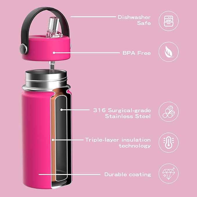 Kids Water Bottle with Straw Lid 14oz, Vacuum Insulated 316 Stainless Steel Water Bottles for Kids for School, Leakproof Water Bottle, BPA Free and Keep Cold for 24 Hours