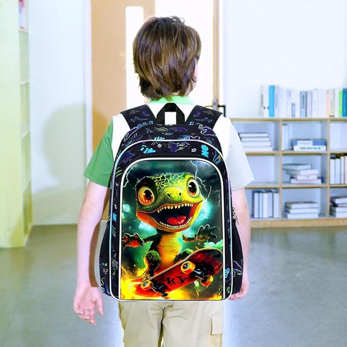 3Pcs Dinosaur Backpack for Boy, 16" Bookbag with Lunch Box, Kids School Backpacks for Elementary Preschool Kindergarten (Black)