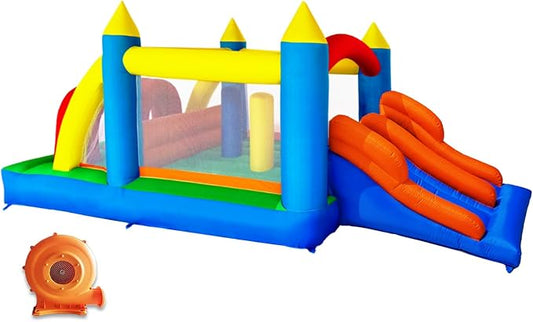 HuaKastro 16.3x7.2FT Kids Inflatable Obstacle Bounce House with Dual Racing Slides, Crawl Tunnels, Climbing, Obstacles, Jumping All in One Castle Great for Children's Outdoor Party - with Blower