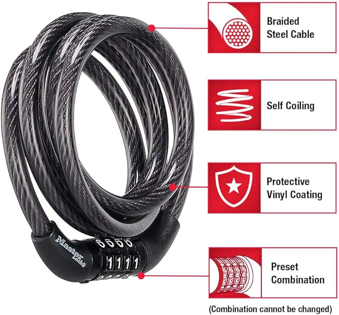 Master Lock Black Set Preset Combination Bike Lock, Metal Cable Lock has a Weather Resistant Vinyl Coating for Outdoor Equipment, Bicycles, 4 Feet Long, Pack of 2, 8143T