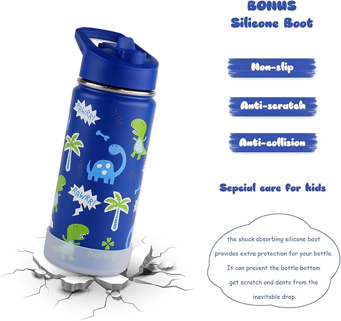 16 oz Stainless Steel Insulated Kids Water Bottle, Leak Proof Metal Thermal Flask with Straw lid, Cute Toddler Tumbler Cup for School Girls & Boys (Blue, Dino)