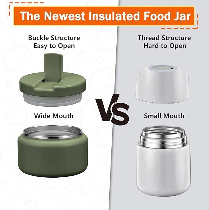 13.5oz Kids Jar for Hot Food, Insulated Vacuum Food Jar with Buckle Lid, Stainless Steel Wide Mouth Leak Proof Insulated Lunch Container for School Picnic Travel, Green