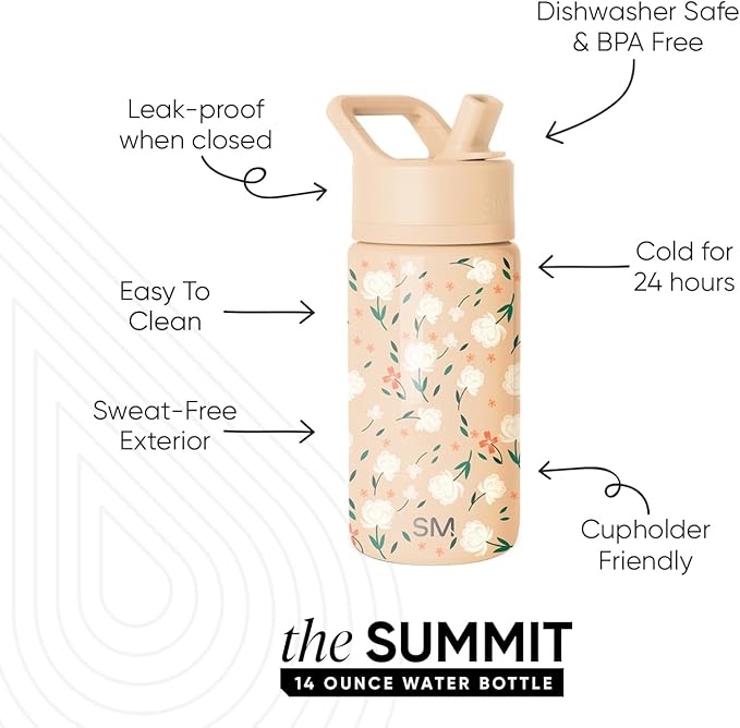 Simple Modern Kids Summit Water Bottle with Straw Lid | 14oz Stainless Steel Cup Insulated Tumbler for Toddlers, School | Chloe Floral
