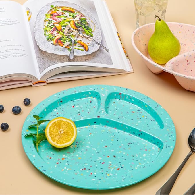 bzyoo 11-Inch Divided Green Set of 2 - Confetti Green BPA-Free, 100% Melamine Portion Control Plates Unbreakable, Dishwasher Safe Plates with Dividers for Weight Loss, Camping, BBQ Parties Fun