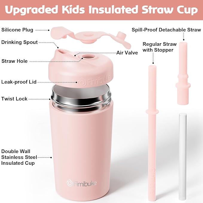 Fimibuke Kids & Toddler Cups, 10 OZ Spill Proof Straw Cups for Toddlers, 2 Pack Leak-Proof Kid Insulated Tumbler with Screw-On Lid & Silicone Straw with Stopper, Stainless Steel Sippy Cup for Girl Boy